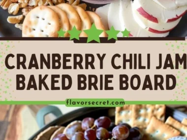 Cranberry Chili Jam Baked Brie board with crackers and fresh fruit.