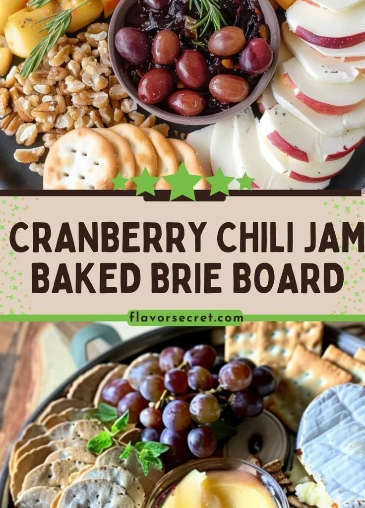 Cranberry Chili Jam Baked Brie board with crackers and fresh fruit.