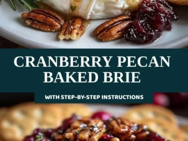Cranberry Pecan Baked Brie served with crackers and garnished with herbs