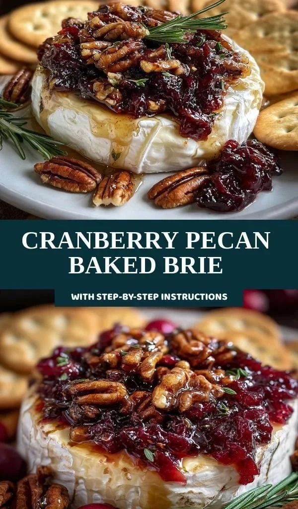 Cranberry Pecan Baked Brie served with crackers and garnished with herbs