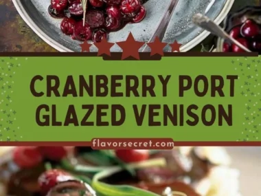 Cranberry & Port Glazed Venison served on a plate with garnishes