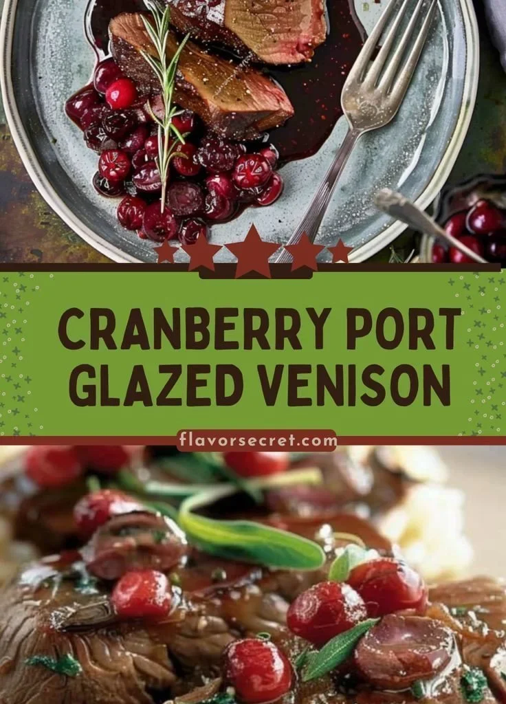 Cranberry & Port Glazed Venison served on a plate with garnishes