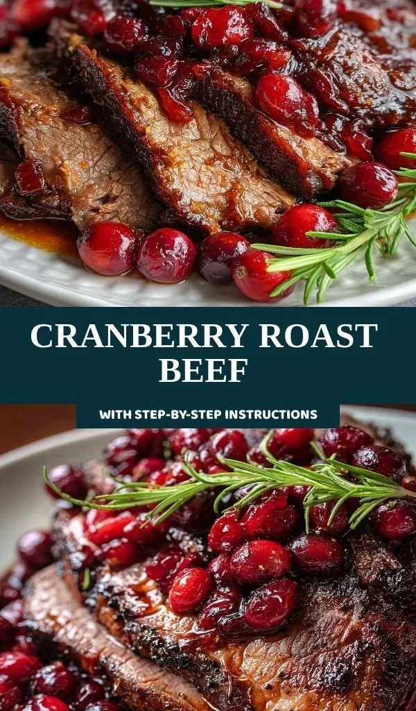 Cranberry roast beef served with sides on a festive dining table