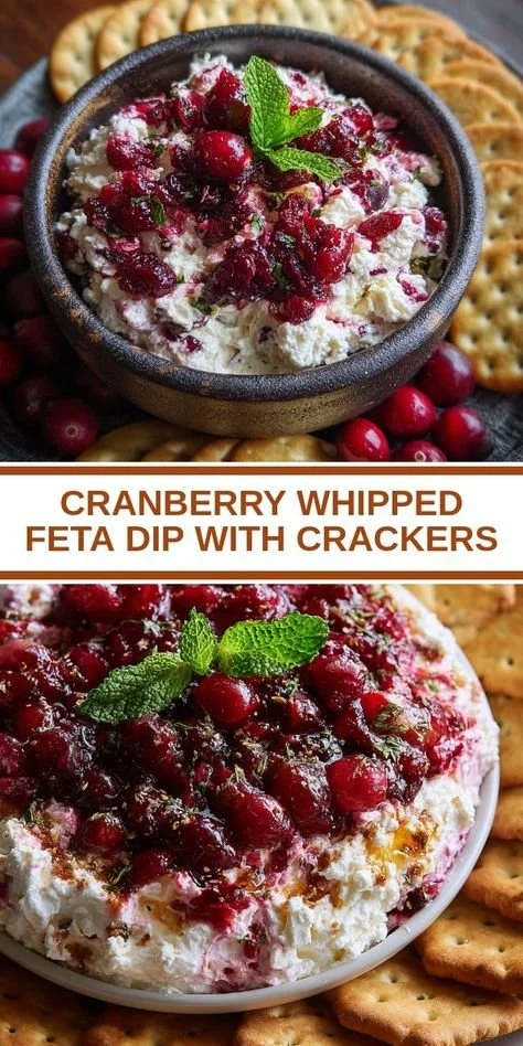 Cranberry Whipped Feta Dip served in a bowl with crackers and herbs