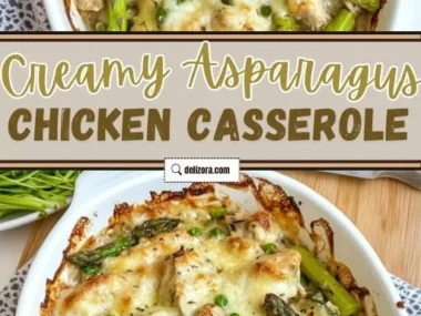 Delicious creamy asparagus chicken casserole dish served in a baking dish