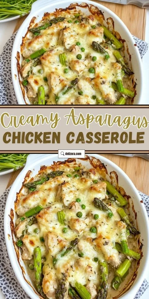 Delicious creamy asparagus chicken casserole dish served in a baking dish