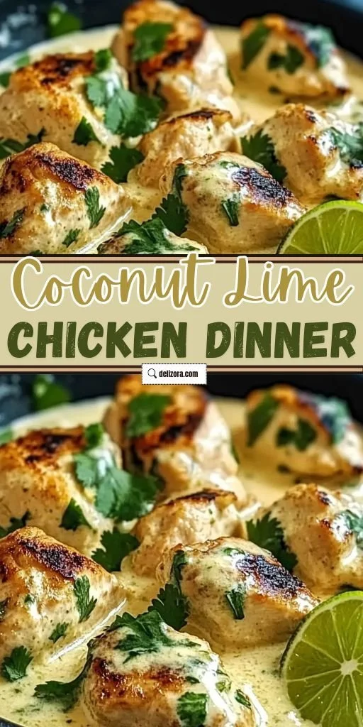 Delicious creamy coconut lime chicken garnished with fresh lime slices and herbs