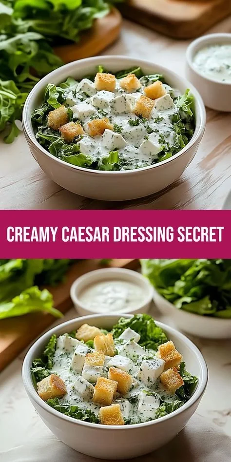 Creamy cottage cheese Caesar dressing served in a bowl with a fresh salad.