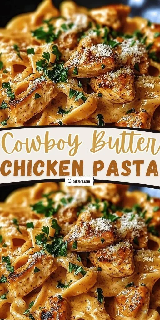 Creamy cowboy butter chicken pasta served in a bowl with garnishes
