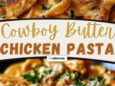 Creamy cowboy butter chicken pasta served in a bowl with herbs