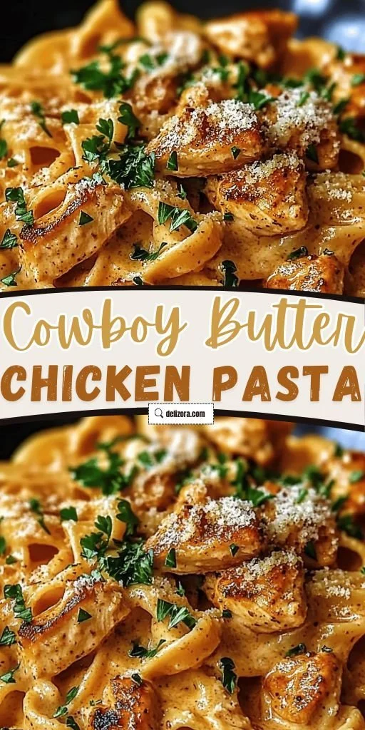 Creamy cowboy butter chicken pasta served in a bowl with herbs