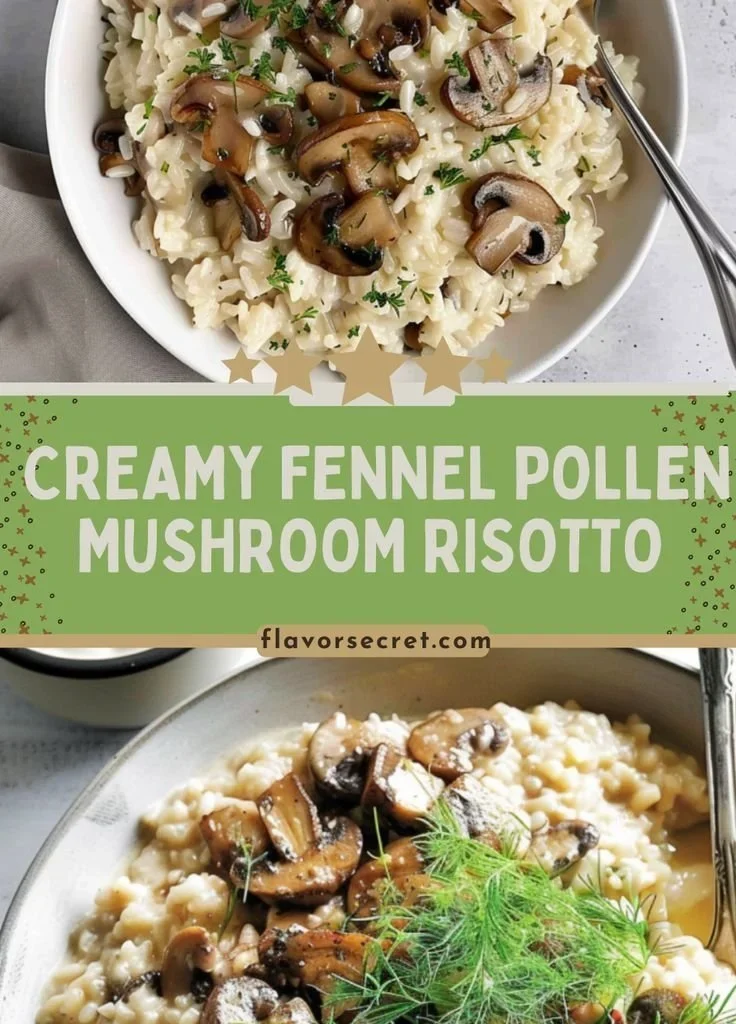 Creamy fennel pollen mushroom risotto garnished with fresh herbs