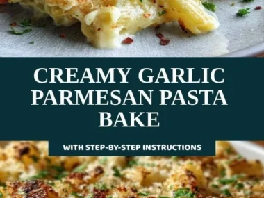 Creamy garlic parmesan pasta bake topped with herbs and cheese.