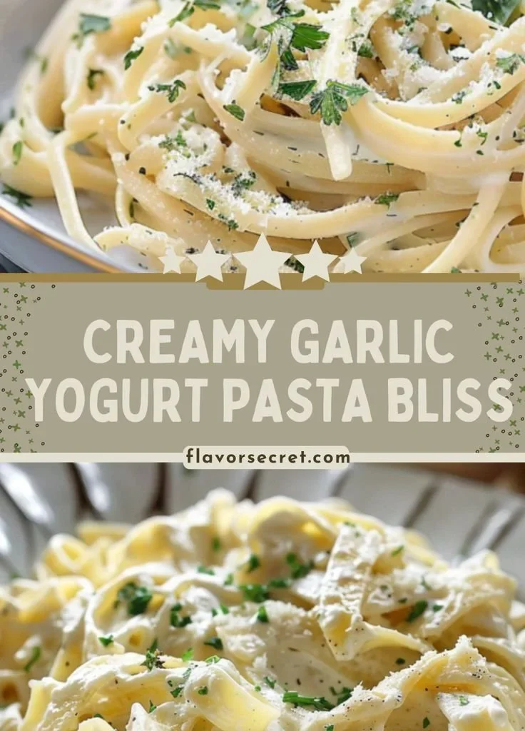 Creamy garlic yogurt pasta served in a bowl with herbs and garlic.