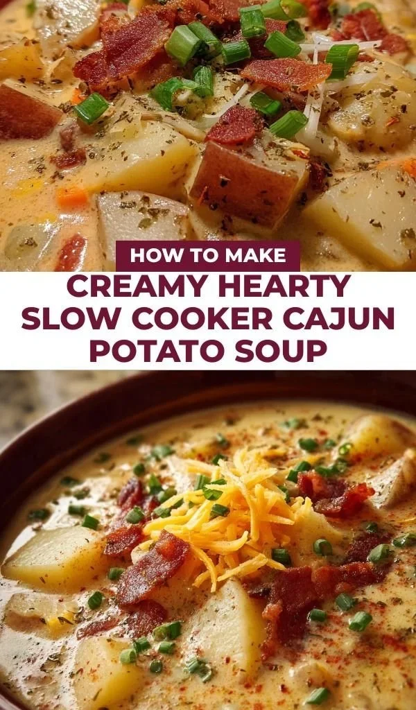 Bowl of creamy Cajun Potato Soup cooked in a slow cooker with vibrant spices.