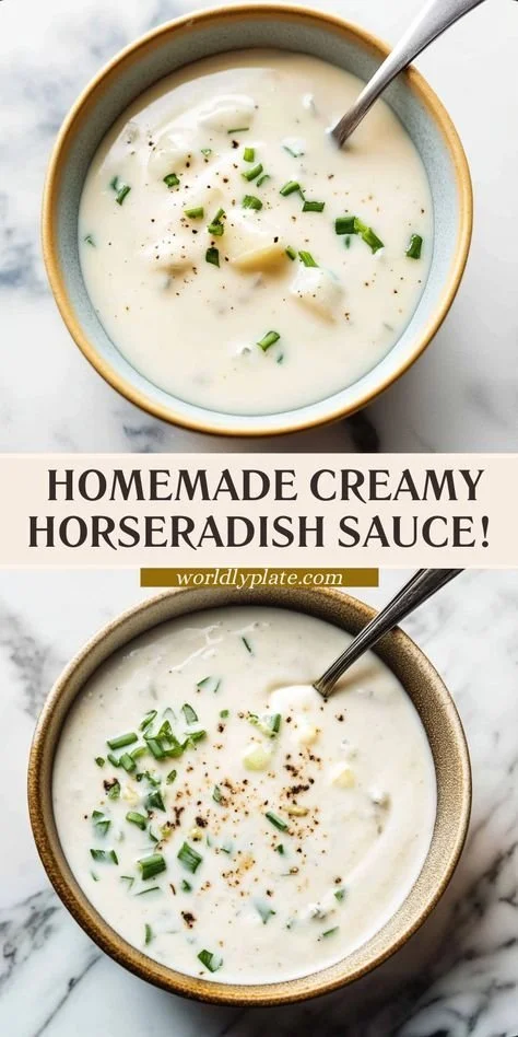 Creamy horseradish sauce served in a small bowl with fresh herbs.