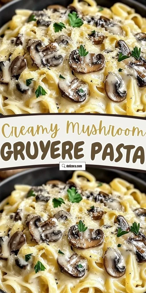 Creamy mushroom gruyere pasta dish garnished with herbs on a plate
