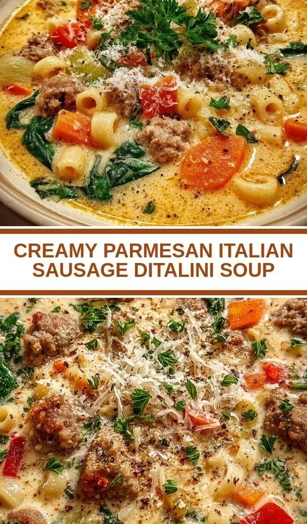 Bowl of creamy Parmesan sausage soup with ditalini pasta and herbs