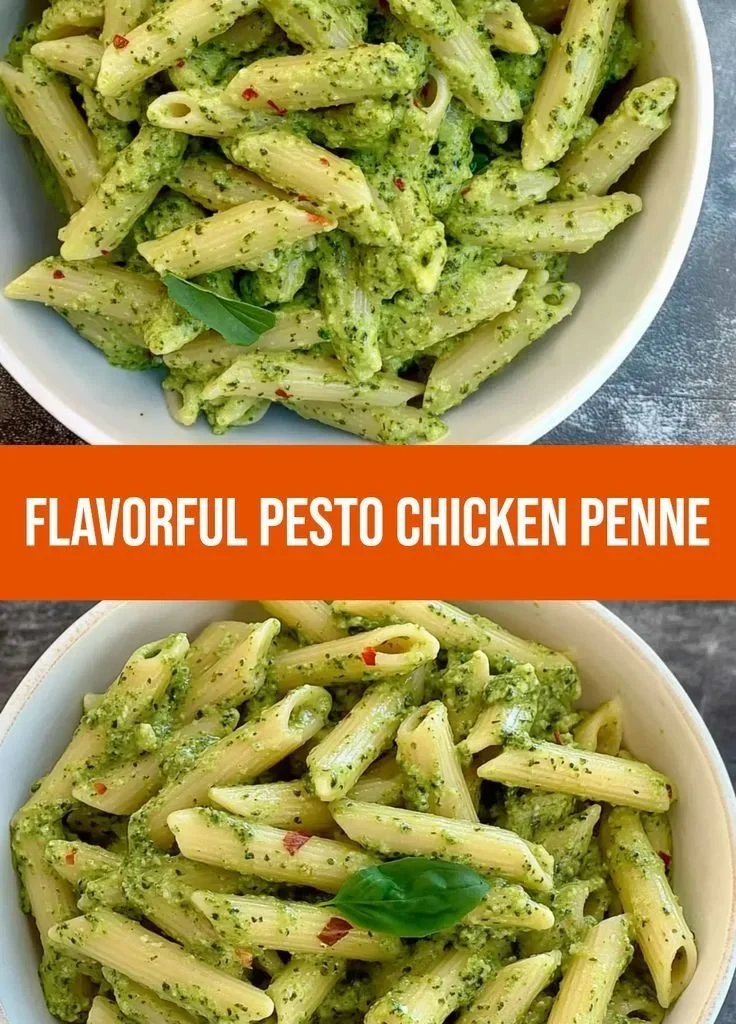 Creamy pesto chicken penne pasta dish garnished with fresh herbs