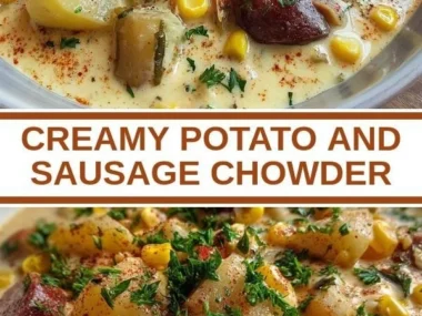 Bowl of creamy potato sausage chowder with fresh herbs and bread on the side.