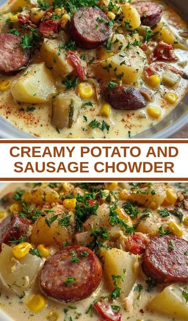 Bowl of creamy potato sausage chowder with fresh herbs and bread on the side.
