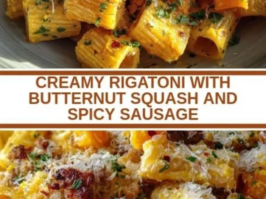Creamy rigatoni with butternut squash and spicy sausage in a white sauce