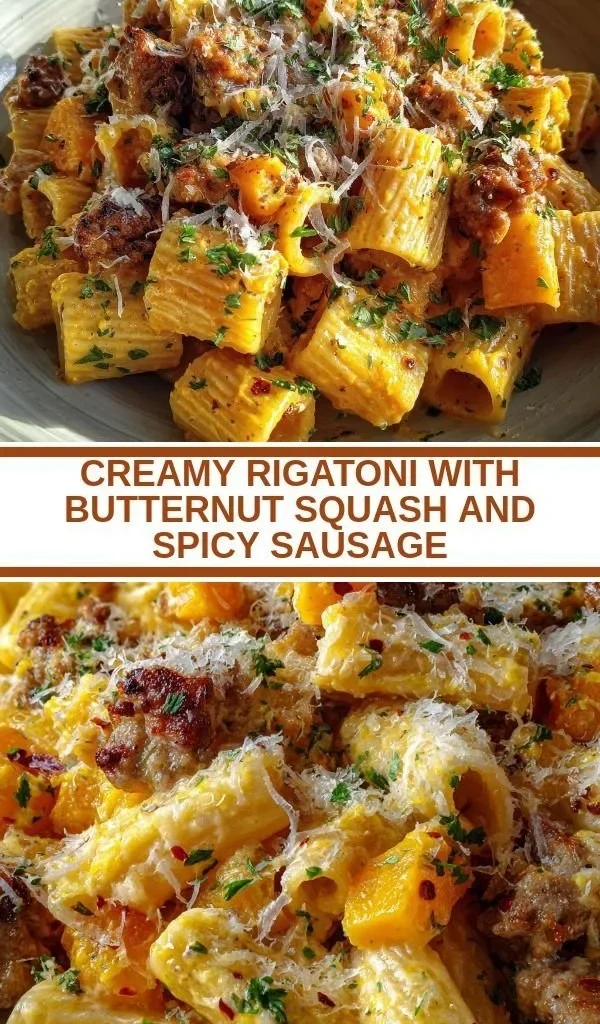Creamy rigatoni with butternut squash and spicy sausage in a white sauce