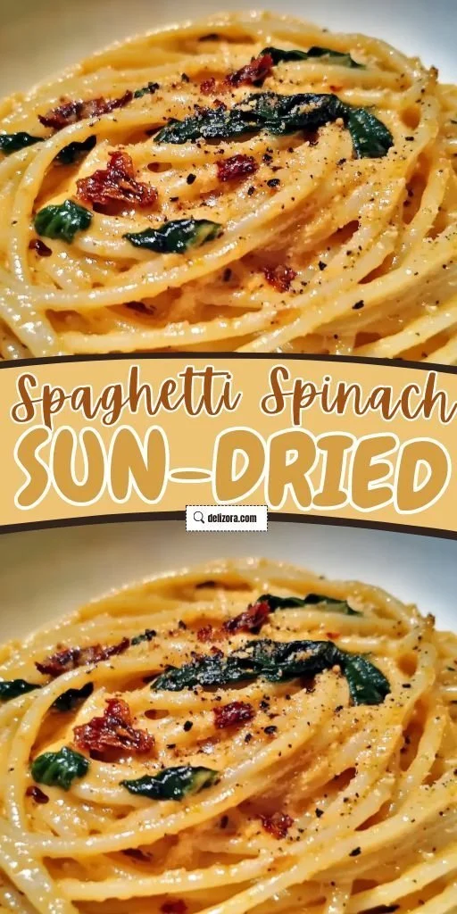 Creamy spaghetti with spinach and sun-dried tomatoes in a bowl