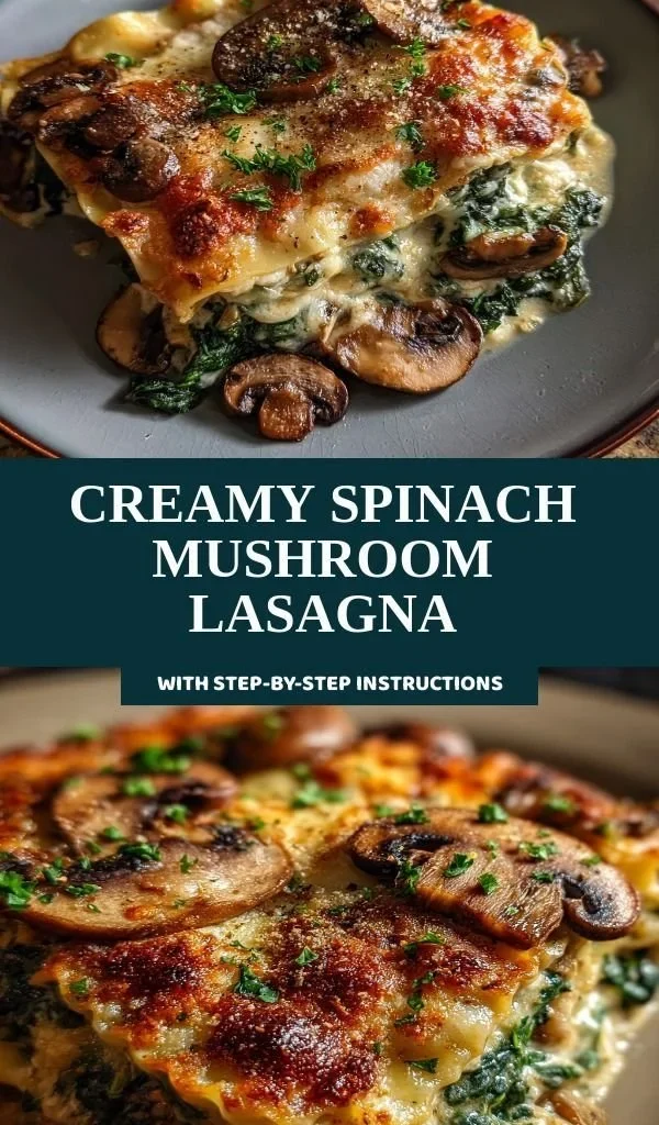Creamy spinach mushroom lasagna served in a dish, garnished with herbs