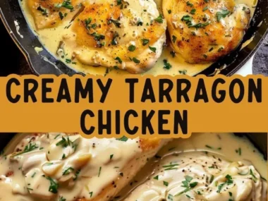 Creamy Tarragon Chicken dish served on a plate with fresh herbs.