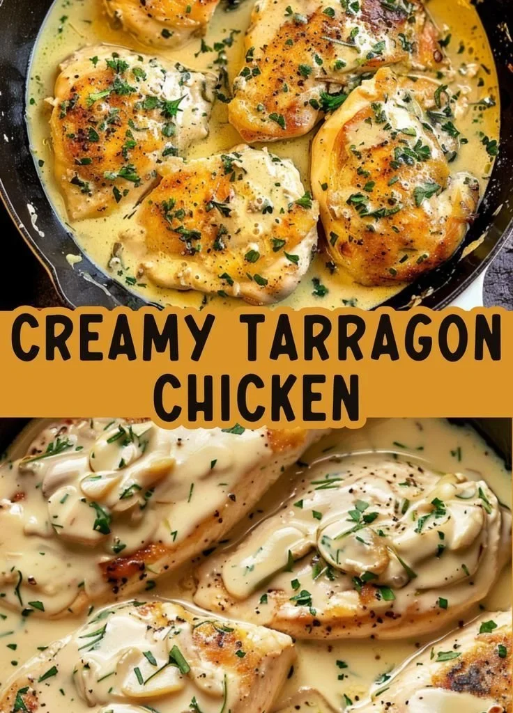 Creamy Tarragon Chicken dish served on a plate with fresh herbs.
