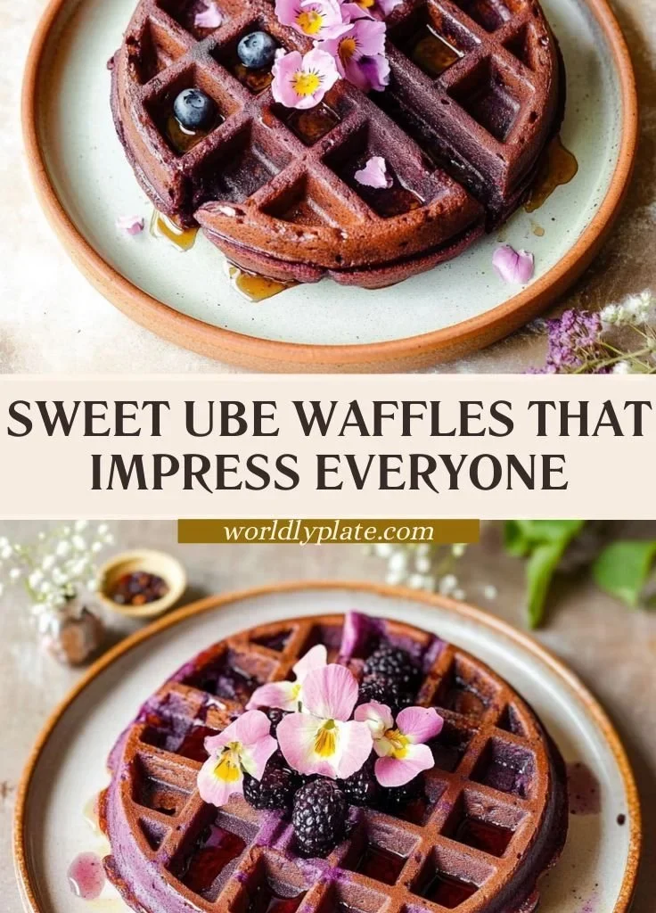 Delicious crispy ube waffles garnished with syrup and fruits
