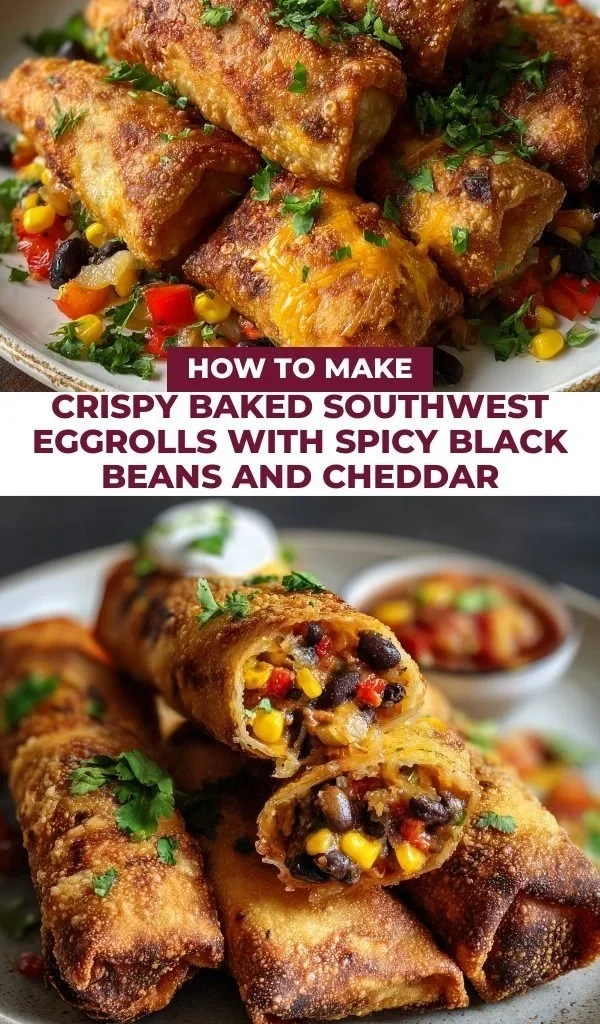 Crispy baked Southwest Eggrolls with spicy black beans and cheddar cheese filling