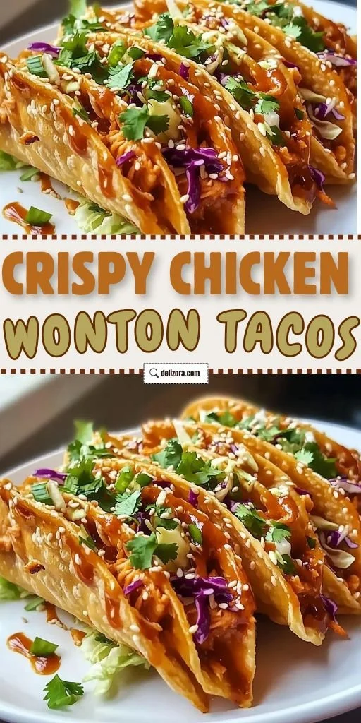 Crispy chicken wonton tacos filled with flavorful ingredients on a plate.