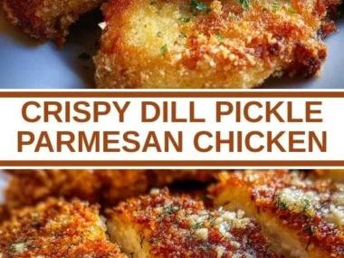Crispy dill pickle parmesan chicken on a plate garnished with herbs