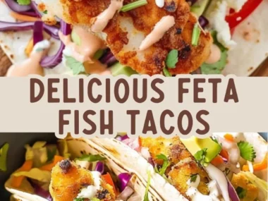 Crispy feta-crusted fish tacos with fresh toppings on a plate
