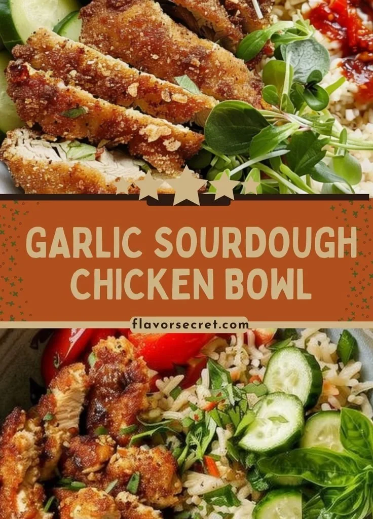 Crispy garlic sourdough chicken cutlet served in a bowl with fresh vegetables