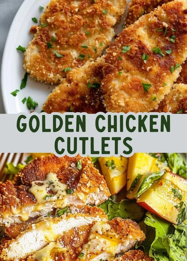 Crispy Parmesan crusted chicken cutlets served on a plate with herbs and lemon wedges.