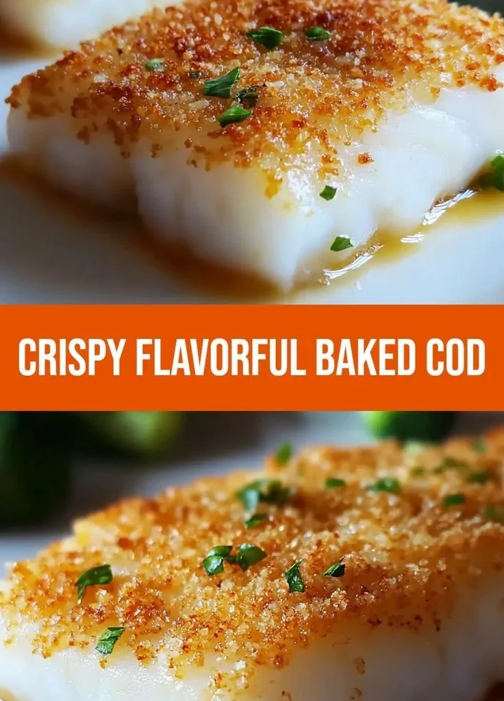 Crispy panko Parmesan crusted baked cod on a plate with fresh herbs