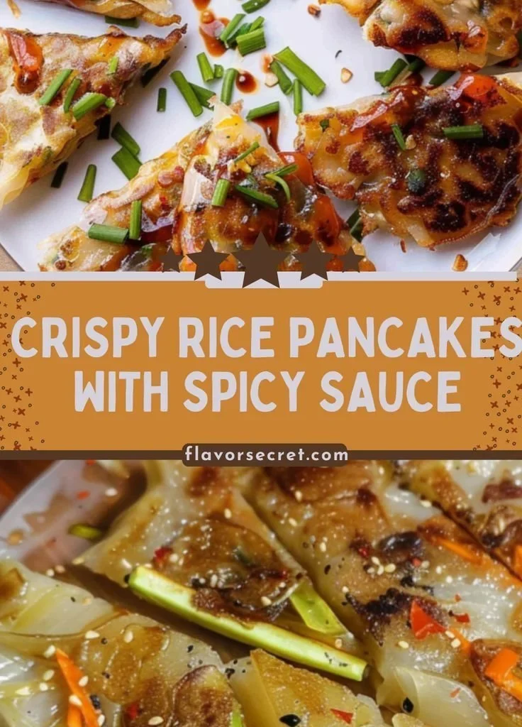 Crispy rice pancakes served with a spicy dipping sauce on a plate