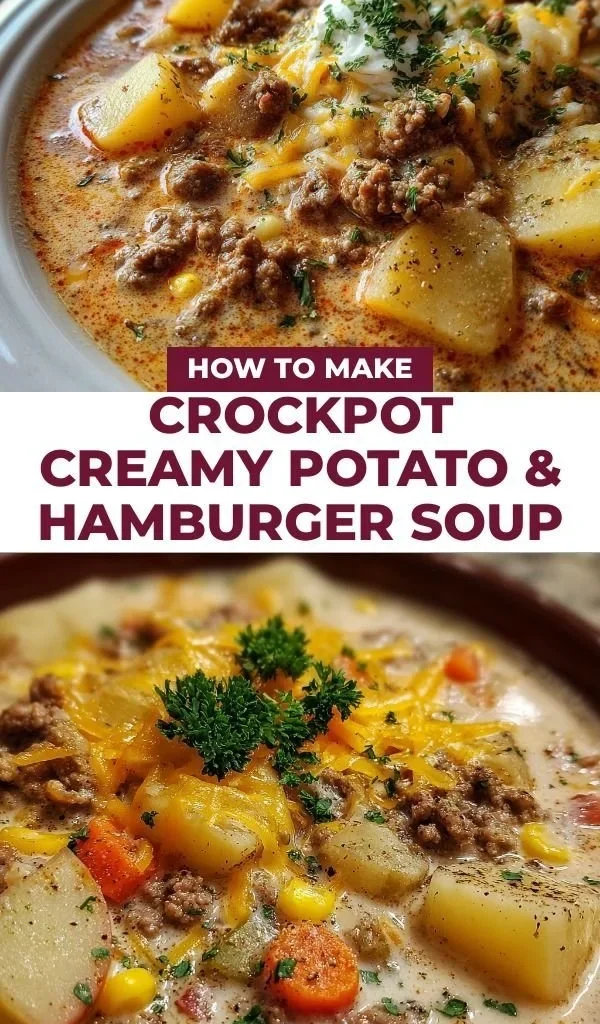 Bowl of creamy Potato Hamburger Soup made in a crockpot