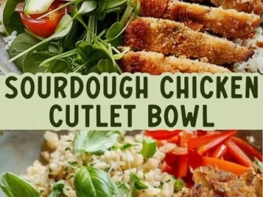 Crunchy sourdough chicken cutlet bowl with fresh vegetables and sauces