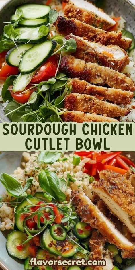Crunchy sourdough chicken cutlet bowl with fresh vegetables and sauces