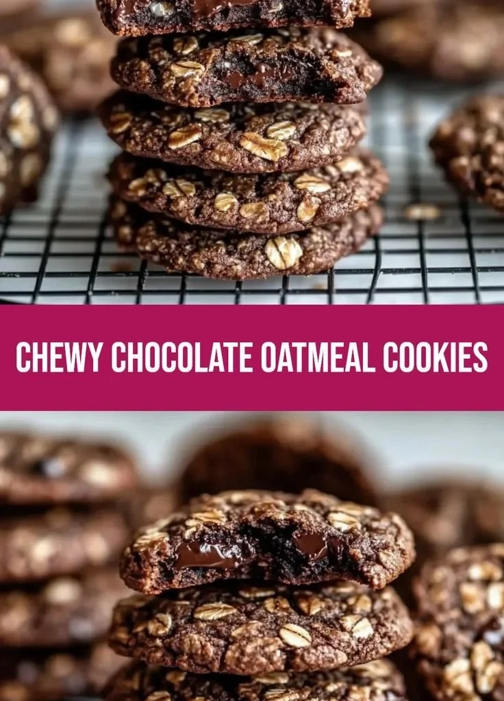 Decadent dark chocolate oatmeal cookies stacked on a plate