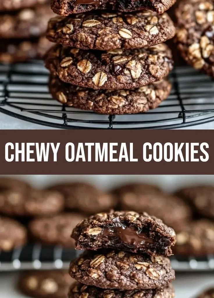 Decadent dark chocolate oatmeal cookies on a plate.