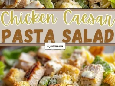 Bowl of Chicken Caesar Pasta Salad with lettuce, pasta, and Caesar dressing