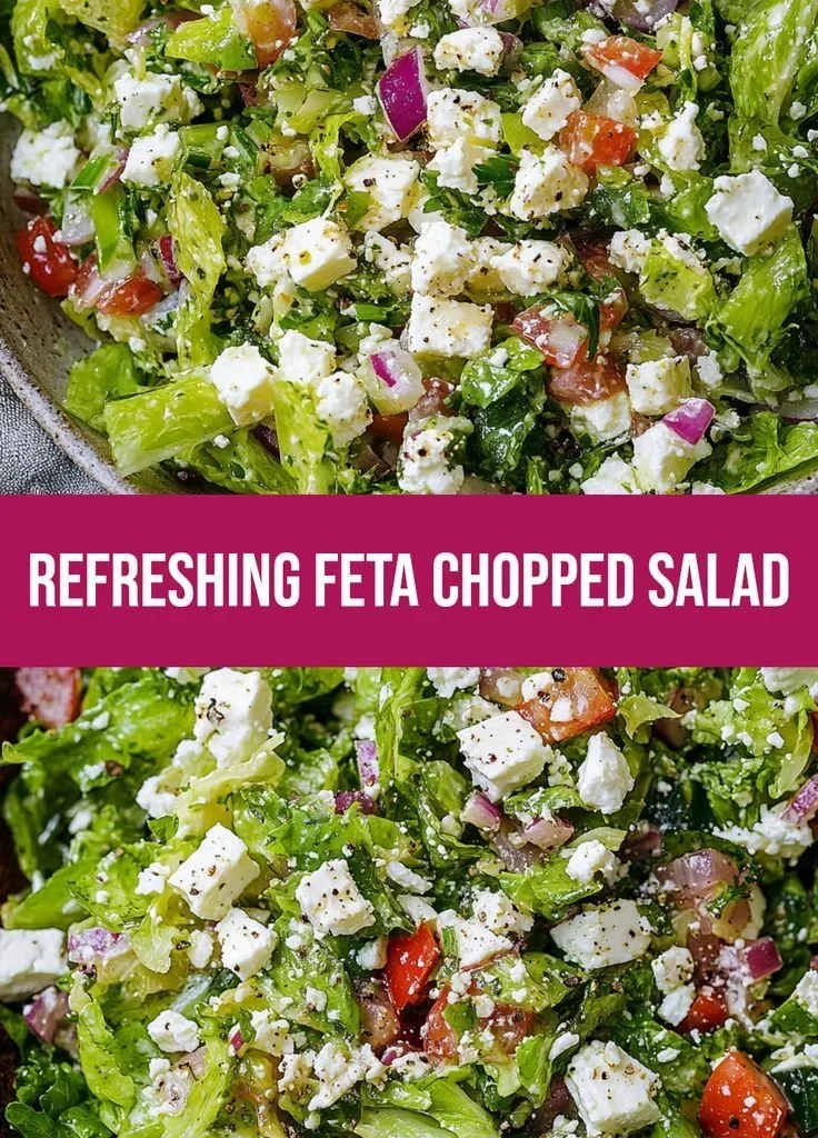 Delicious feta chopped salad with fresh vegetables and dressing