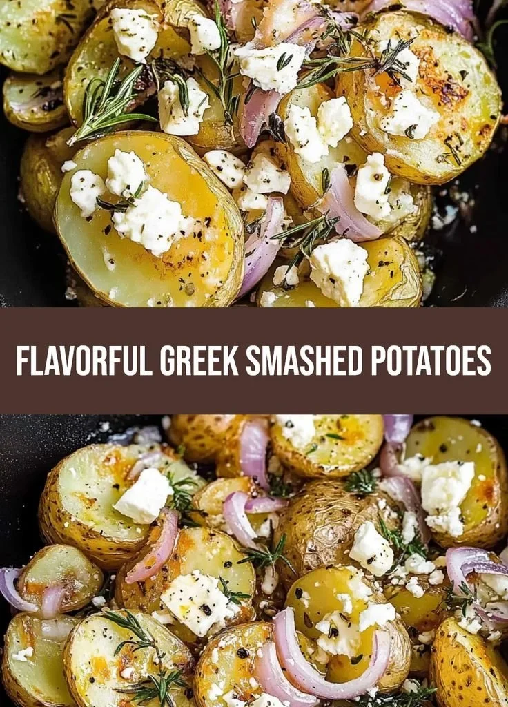 Delicious Greek smashed potatoes topped with feta cheese