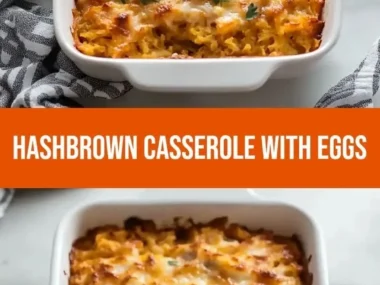 Delicious egg hashbrown casserole served in a cozy breakfast setting