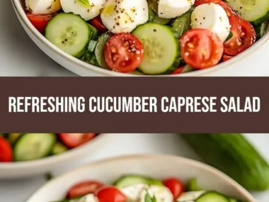 Fresh cucumber caprese salad with tomatoes and mozzarella on a plate